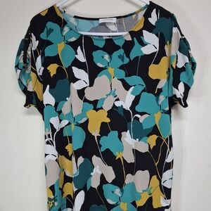 Calvin Klein Floral Print Women's Top - Black, Teal, Yellow Lightweight Office